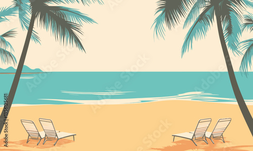 Tranquil Tropical Beach Scene with Palm Trees and Sun Loungers in Vector Art