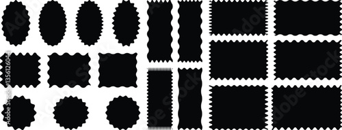 Set of Zigzag and Wavy Geometric Shapes. rectangle, oval and circle shapes. Set or rectangular shapes with squiggly borders. Geometric zig zag wavy stickers.