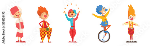 Funny Clown Character Performing Show for Kids Vector Set