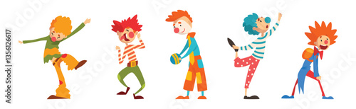 Funny Clown Character Performing Show for Kids Vector Set