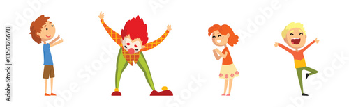 Funny Clown Character Performing Show for Kids Vector Set