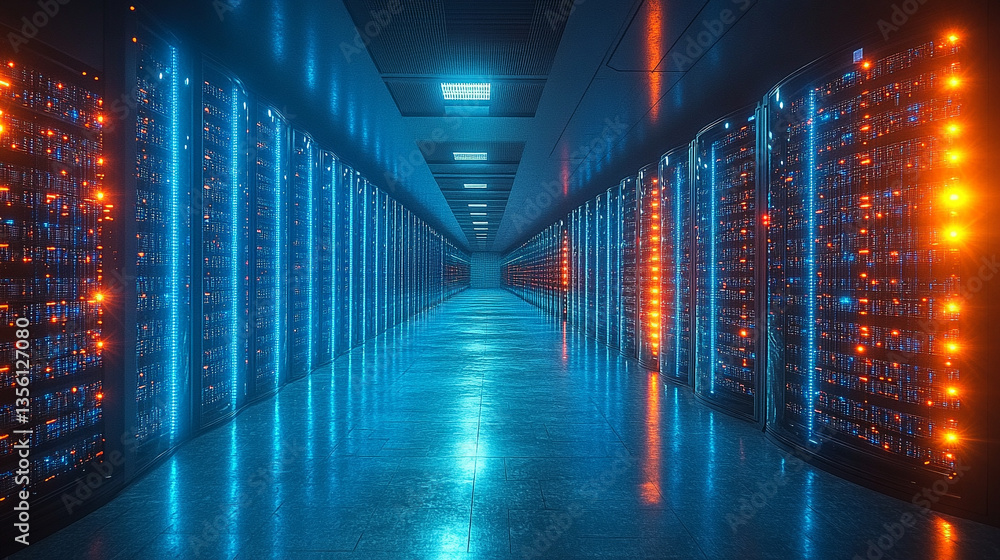 Fototapeta premium Modern server room with illuminated blue lights and advanced network infrastructure.