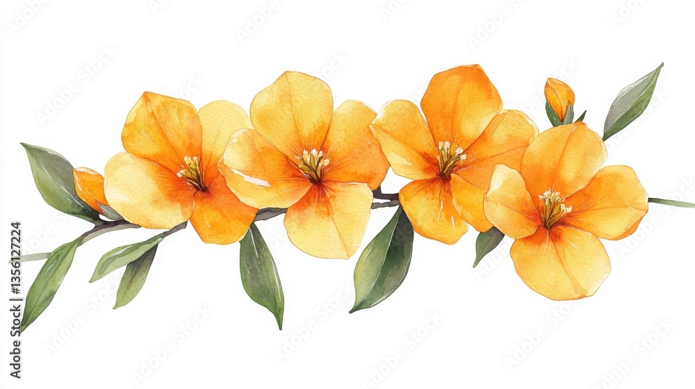 Fototapeta premium Watercolor painting of orange flowers and gloxinia botanical illustration with detailed brush strokes