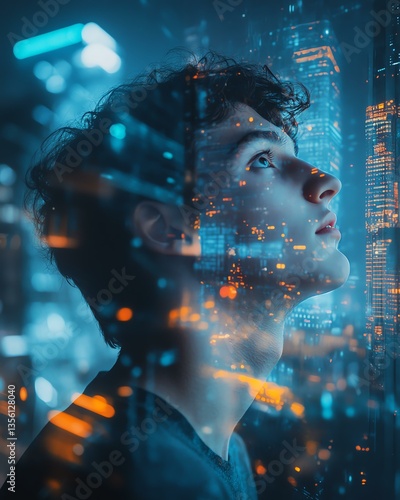 Thoughtful person gazing at futuristic skyline.
