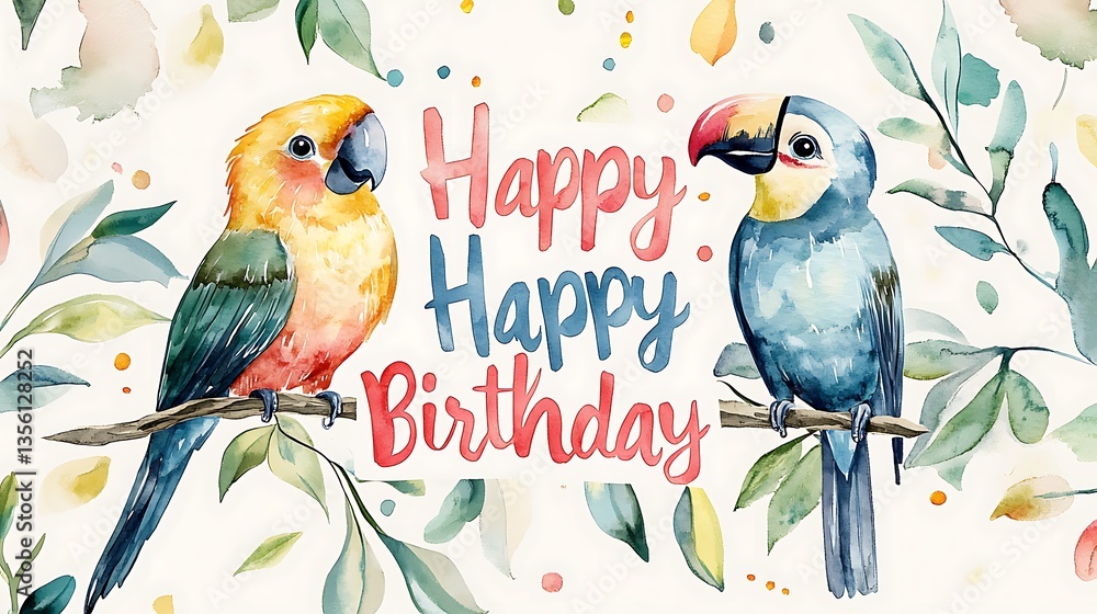 Fototapeta premium A charming watercolor-style illustration of a parrot and a toucan perched on a tropical branch, displaying a pastel-colored