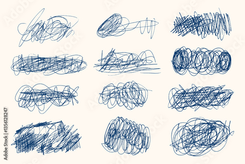 Tangled chaotic crazy lines set. Random blue chaotic scribble lines collection on white background. Scrawl messy lines, expressive linework sketches.