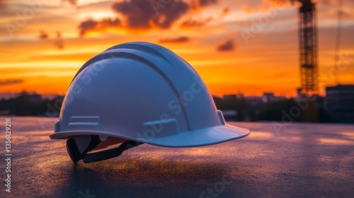 Sleek White Hardhat Against Stunning Sunset at Construction Site