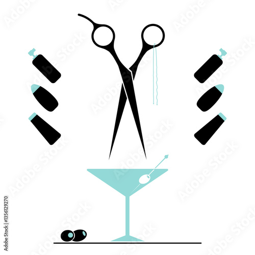 Vector illustration of hairdressing scissors, cosmetic products, and a cocktail glass with an olive. Minimalist beauty salon and lifestyle concept with modern black and turquoise color palette.