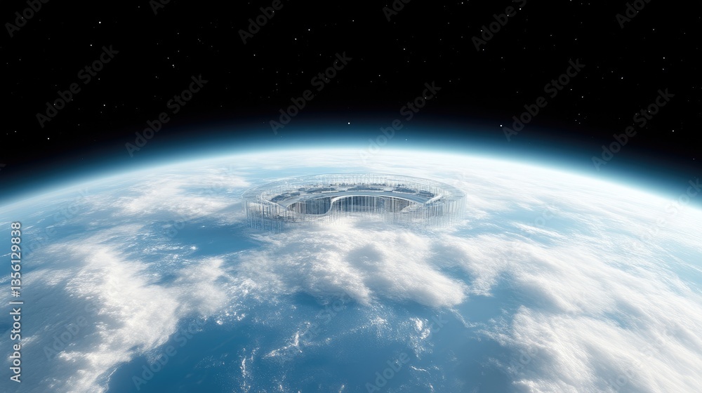 Fototapeta premium Orbital ring structure above Earth. Vast ring-shaped, metallic structure encircles the planet. Vast, detailed, aerial view