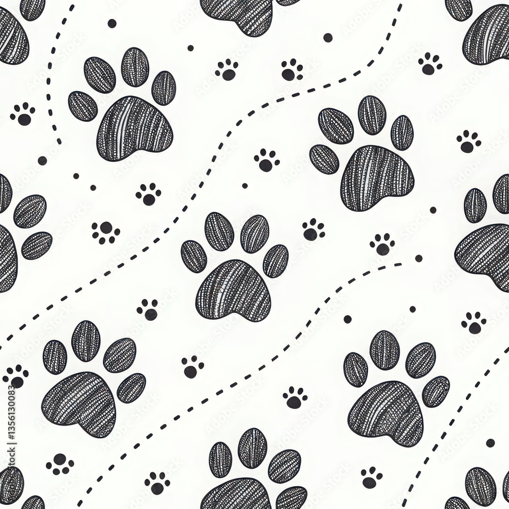 Seamless pattern of cats and dogs with paw prints and floral elements in black, brown, and beige tones. seamless pattern with cats and dogs Seamless pattern of cats and dogs with paw prints and floral elements in black, brown, and beige tones. seamless pattern with cats and dogs