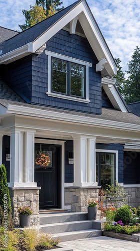 A beautiful home with a front porch and a dark blue exterior