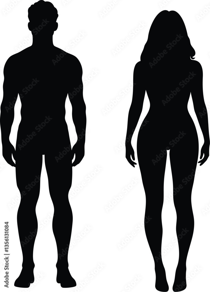 Black silhouettes of a standing man and woman in a neutral pose, facing forward with hands in pockets, commonly used for design templates, signage, and graphics. Black silhouettes of a standing man and woman in a neutral pose, facing forward with hands in pockets, commonly used for design templates, signage, and graphics.