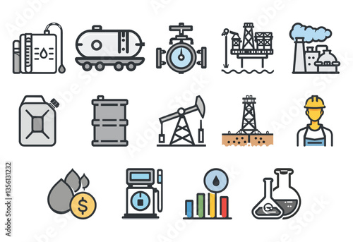 A collection of icons for various industries, including oil and gas, mining, and construction. The icons are all drawn in a stylized, cartoonish way, with some featuring workers in hard hats