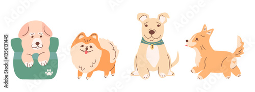 Set of cute colorful dogs vector clipart with pets. Different breeds, different animal poses. A set for sticker packs, veterinary clinic advertisements, pet store websites, and prints.