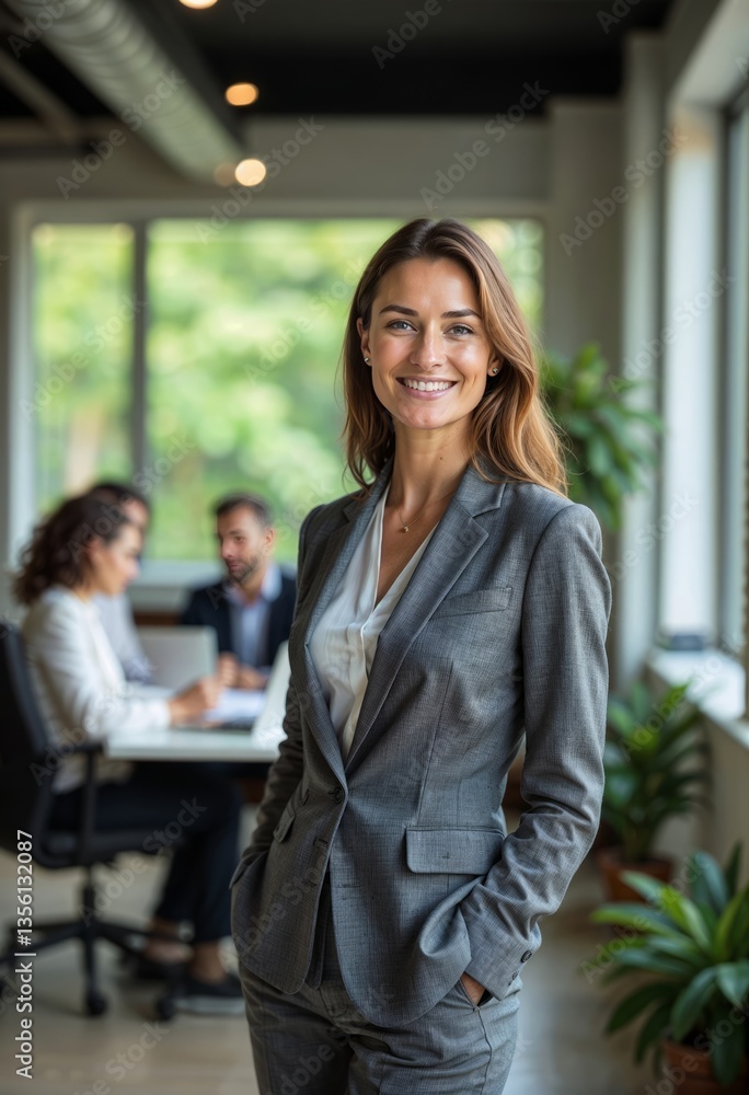 Obraz premium Corporate Businesswoman in a Grey Suit with Crossed Arms in a Meeting Room