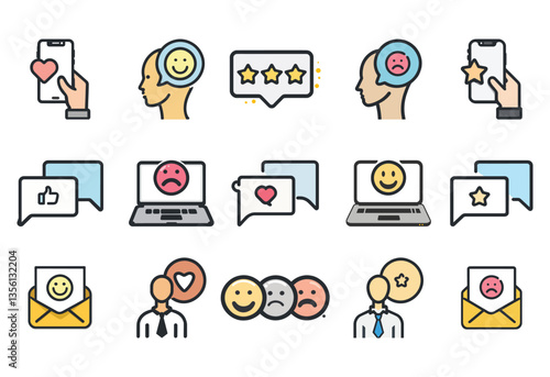 A collection of icons that represent different emotions and feelings. The icons include a smiling face, a frowning face, a heart, a star, and a thumbs up