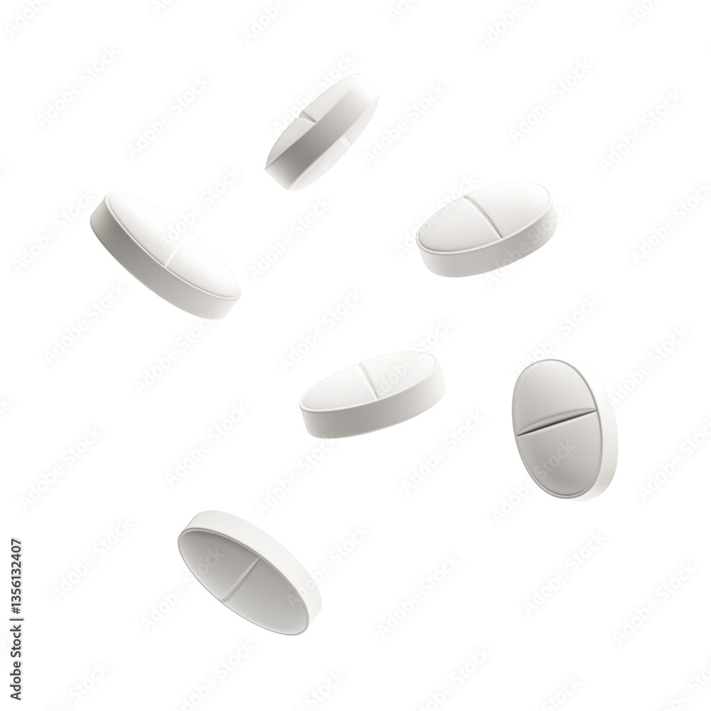 White pills floating in the air on transparent background White pills floating in the air on transparent background