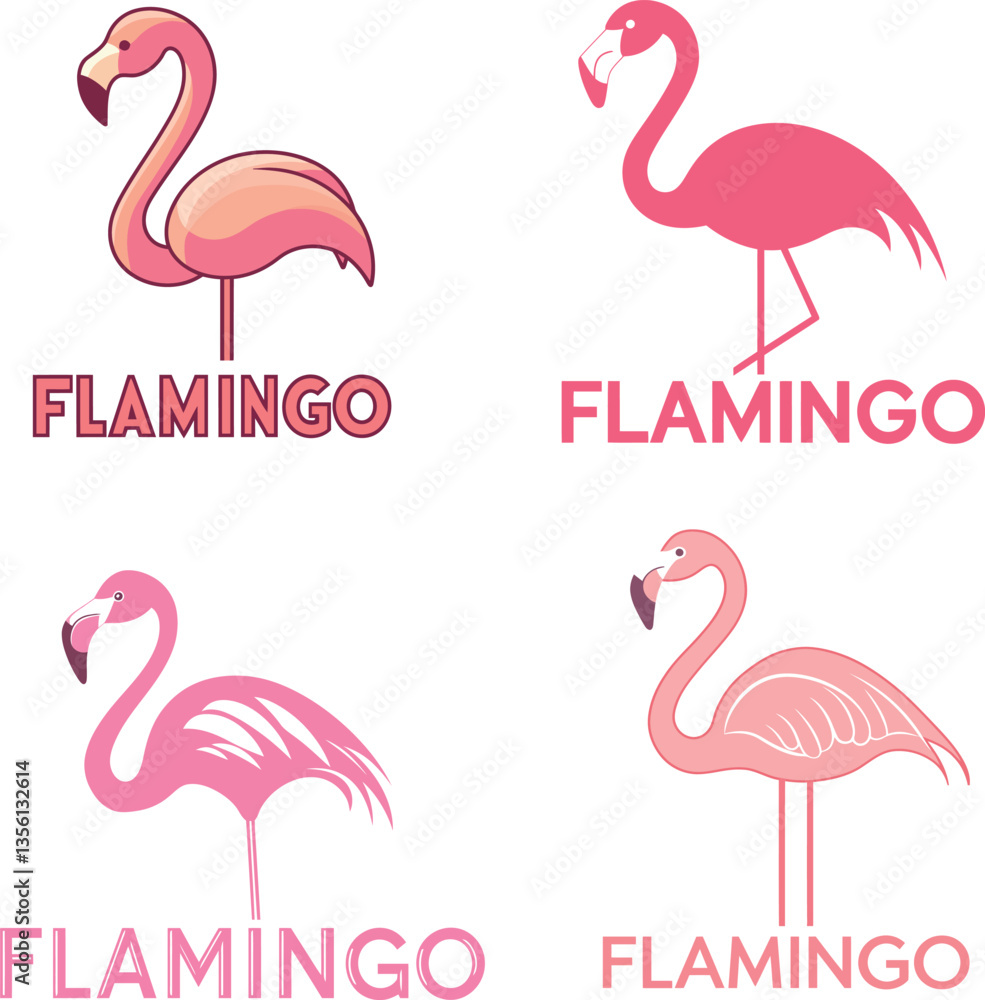 Obraz premium A collection of four stylized flamingo logo designs in shades of pink, featuring different artistic interpretations of the elegant bird, ideal for branding and graphic use.