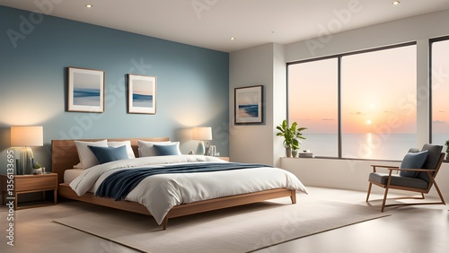 Modern bedroom ocean sunset view, featuring a wooden bed comfortable armchair.