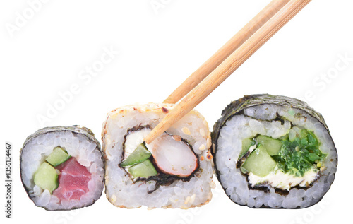Obraz na płótnie Sushi and chopsticks isolated w salonie