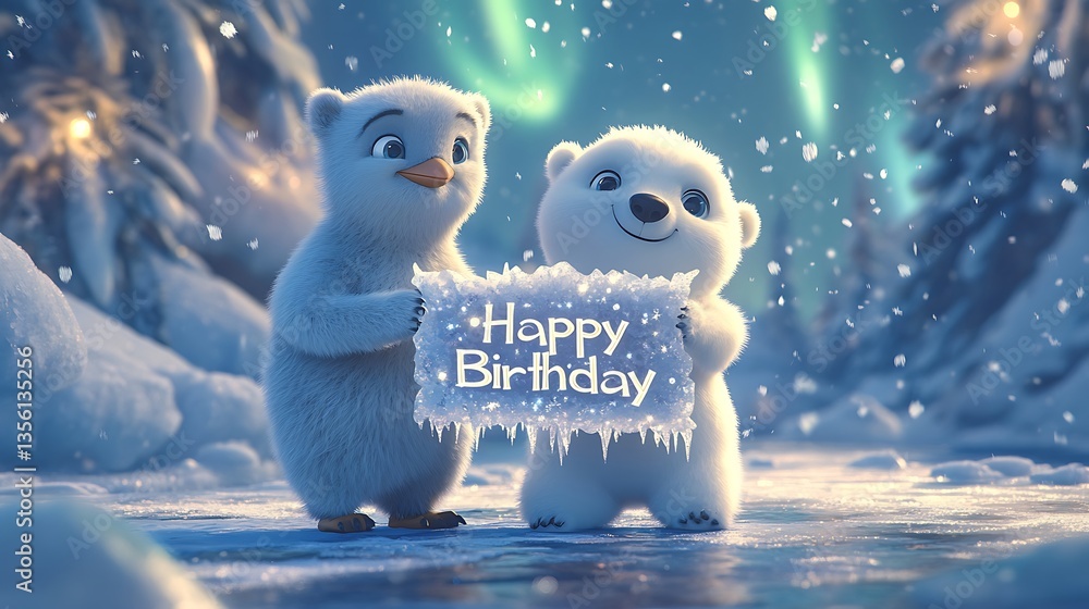 Obraz premium A heartwarming Arctic scene featuring a cheerful penguin and a fluffy polar bear holding a frosty 