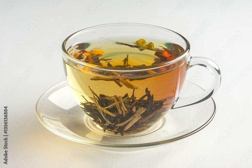 A photo of a transparent cup filled with herbal tea A photo of a transparent cup filled with herbal tea