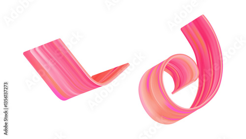3D paint stroke ribbon in abstract wave shape. Red fluid splash swirl with gradient. Pink gouache brushstroke curve in motion. Modern isolated watercolor paintbrush design element for graphic set