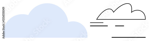 Two cloud forms, one filled and static, the other outlined with motion lines. Ideal for weather, speed, communication, technology, environment storage creativity themes. Flat simple metaphor