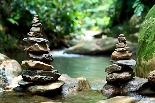 Stacked stones by a stream with reflections of the serene, lush green forest in a peaceful, zen-like ambiance in nature
