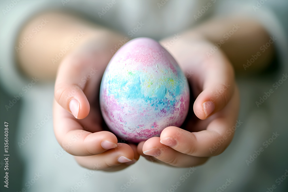 Close-up shot of child's hands cradling a vibrant, colorful Easter egg, capturing the essence of springtime and celebration Close-up shot of child's hands cradling a vibrant, colorful Easter egg, capturing the essence of springtime and celebration