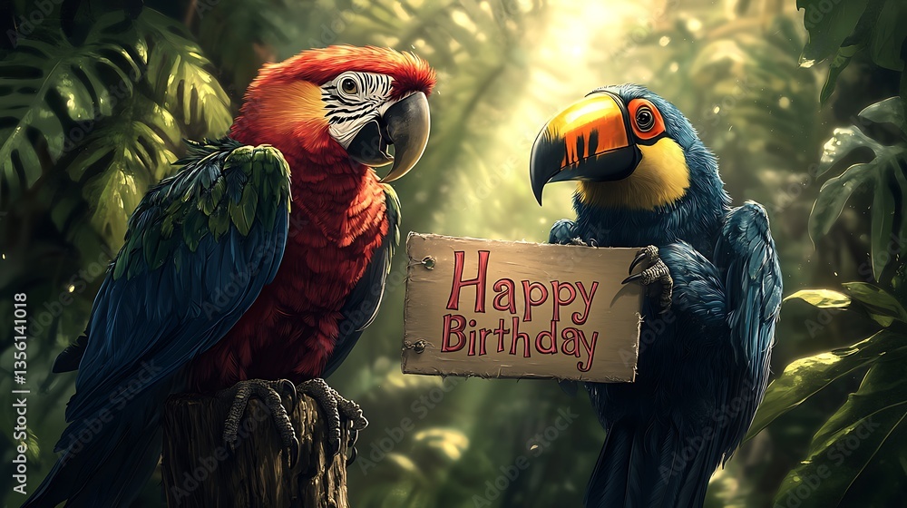 Fototapeta premium A realistic tropical wildlife illustration featuring a vibrant parrot and a charismatic toucan holding a leaf-framed