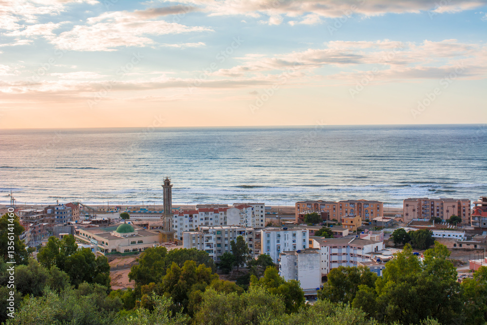 Fototapeta premium algeria, village, mediterranean sea, africa, north africa, algiers, aerial africa, algeria village, algerian, african village, algeria tourism, aerial, arab, road, arabic, jijel, morning, african.