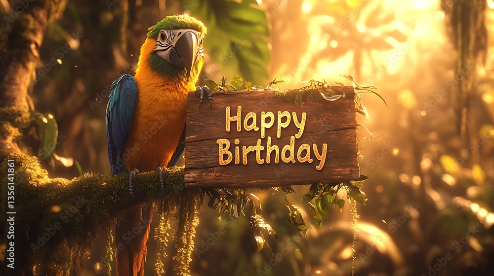 Fototapeta premium A stunning sunset in the rainforest, where a parrot and a toucan stand on a mossy branch, illuminated by golden light, holding a rustic wooden 