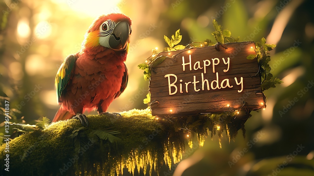 Fototapeta premium A stunning sunset in the rainforest, where a parrot and a toucan stand on a mossy branch, illuminated by golden light, holding a rustic wooden