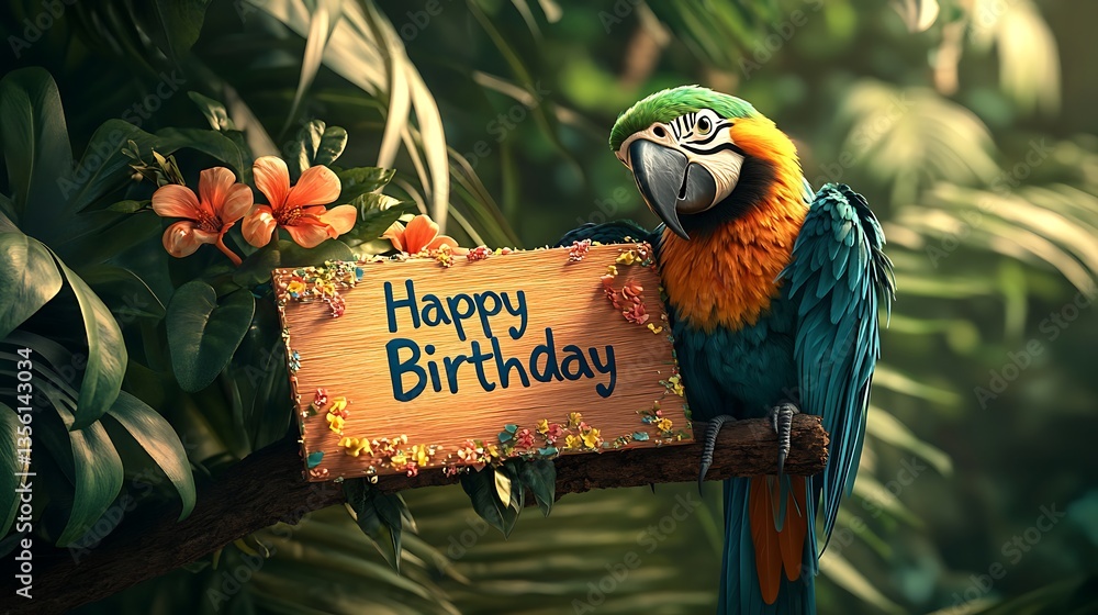 Fototapeta premium A vibrant tropical rainforest scene featuring a colorful parrot and a playful toucan perched on a branch,