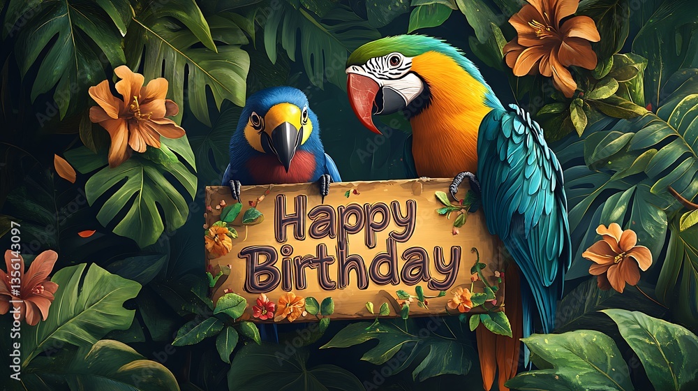 Fototapeta premium A vibrant tropical rainforest scene featuring a colorful parrot and a playful toucan perched on a branch,