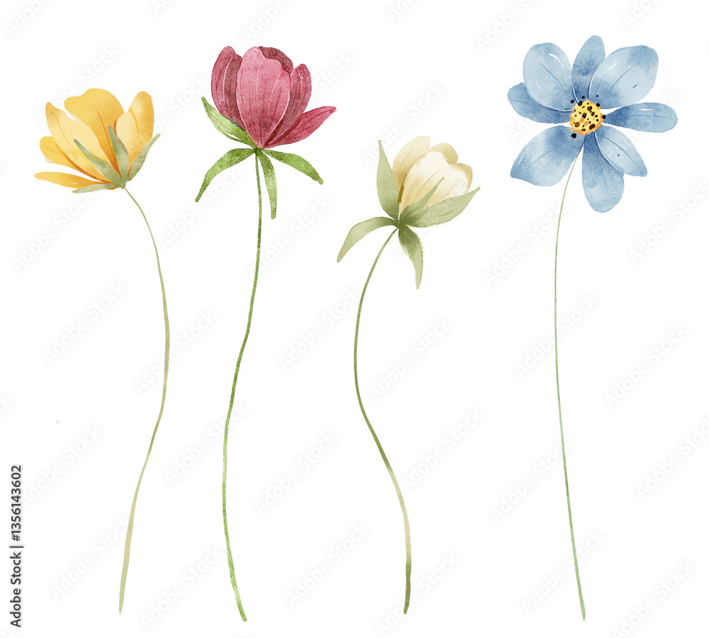 Naklejka premium Wild flowers set, watercolor digital illustration. Perfectly for poster, card design. Mother's Day, Birthday, Valentine's day decoration.