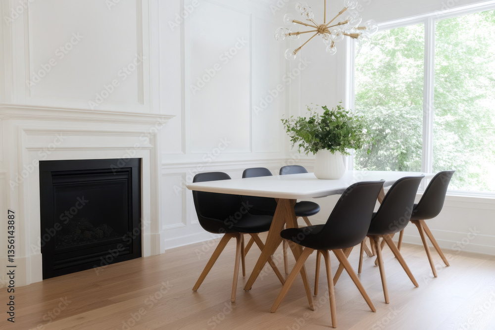 Fototapeta premium Modern dining room interior design showcasing fireplace and table