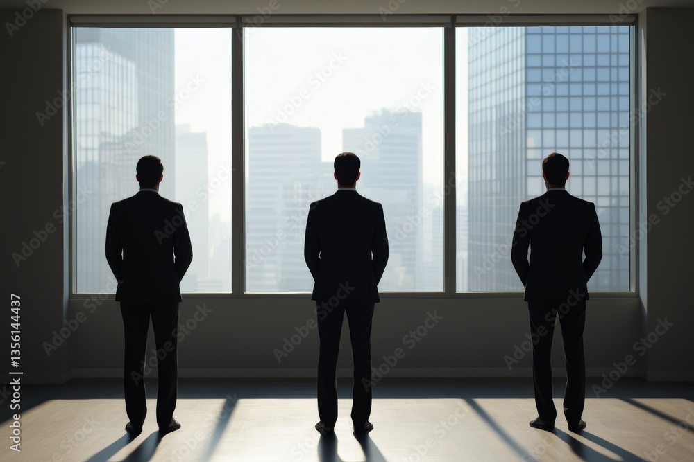 Mysterious Figures in Suits with Shadowy Faces Engaged in a Pensive Discussion in an Urban Setting on a Cloudy Evening, Featuring Dramatic Lighting and Monochromatic Tones Mysterious Figures in Suits with Shadowy Faces Engaged in a Pensive Discussion in an Urban Setting on a Cloudy Evening, Featuring Dramatic Lighting and Monochromatic Tones
