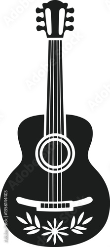 Floral Acoustic Guitar Silhouette Vector – Decorative Musical Instrument Illustration