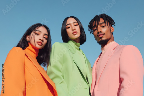 Fashion models posing in colorful suits against blue sky