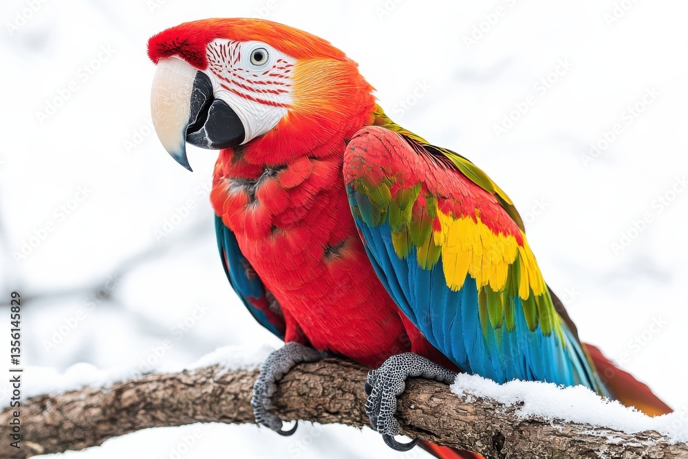 Obraz premium Colorful parrot perched on a snowy branch in a winter landscape