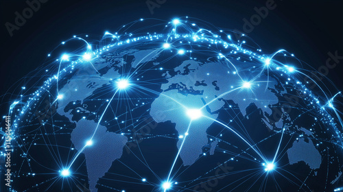 Digital Earth representation with glowing blue nodes and network connections, symbolizing global connectivity