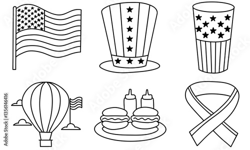 4th of july,American flag, hat, cup, hot air balloon, burgers, ribbon symbolize celebration and unity