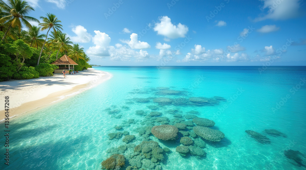 A breathtaking view of turquoise waters, coral reefs below, white sandy beaches, and lush greenery, capturing the serene beauty of a tropical paradise for travel promos. A breathtaking view of turquoise waters, coral reefs below, white sandy beaches, and lush greenery, capturing the serene beauty of a tropical paradise for travel promos.