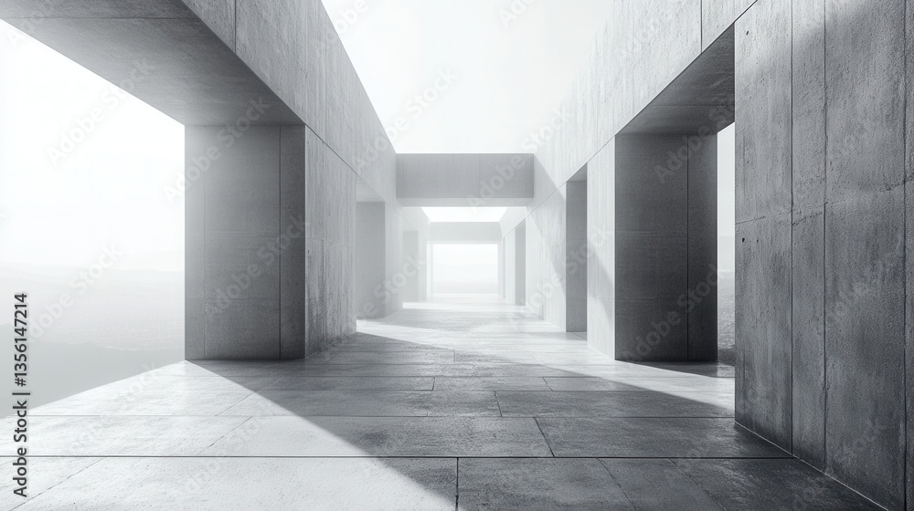 Minimalist architecture with concrete walls and shadows, creating a serene and modern atmosphere in a bright and spacious environment Minimalist architecture with concrete walls and shadows, creating a serene and modern atmosphere in a bright and spacious environment