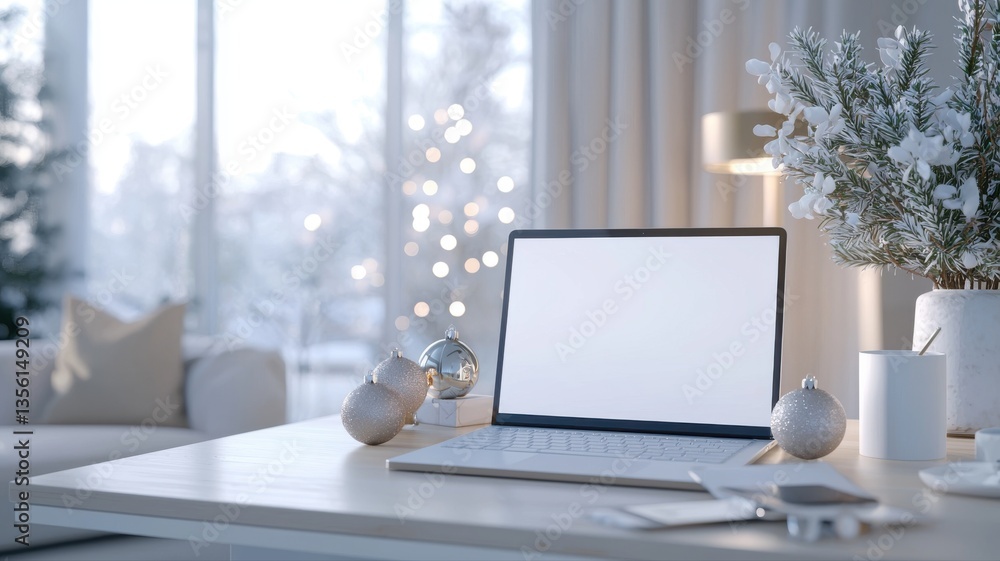 Fototapeta premium Cozy workspace with a laptop on a desk, decorated for winter, surrounded by soft lighting and holiday ambiance.