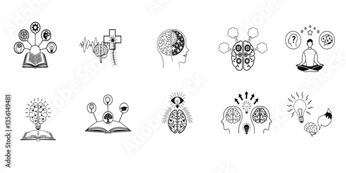 A high-quality vector illustration featuring a collection of solid icons representing the brain and related concepts. 