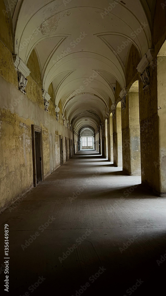 Medieval monastery corridor with columns in the church. Cistercian Abbey Lubiaz Medieval monastery corridor with columns in the church. Cistercian Abbey Lubiaz