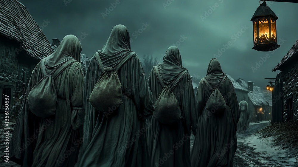 Naklejka premium Monks walking medieval village night